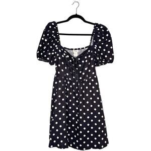 Camila Coelho Puff Sleeve Polka Dot Mini Dress Linen Women's Black Size Medium